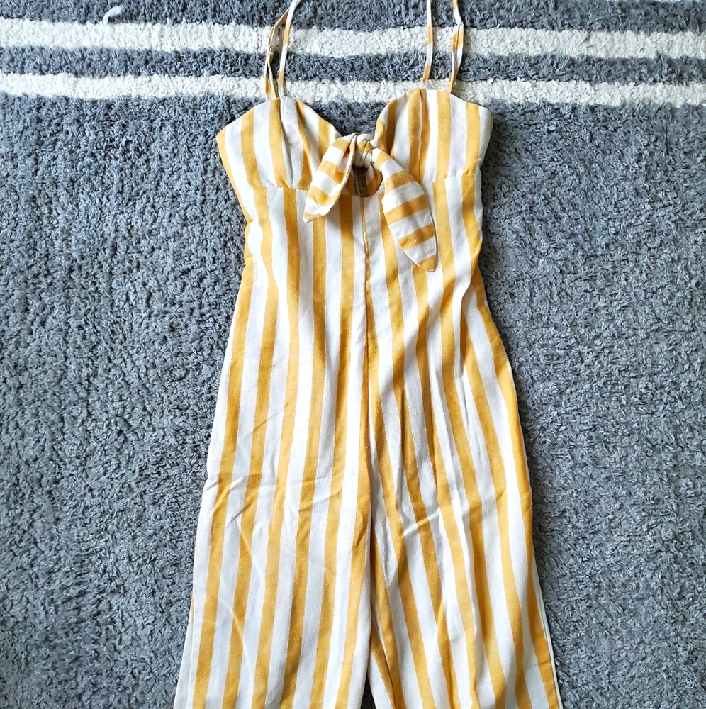 Yellow and White Striped Tie Front Jumpsuit